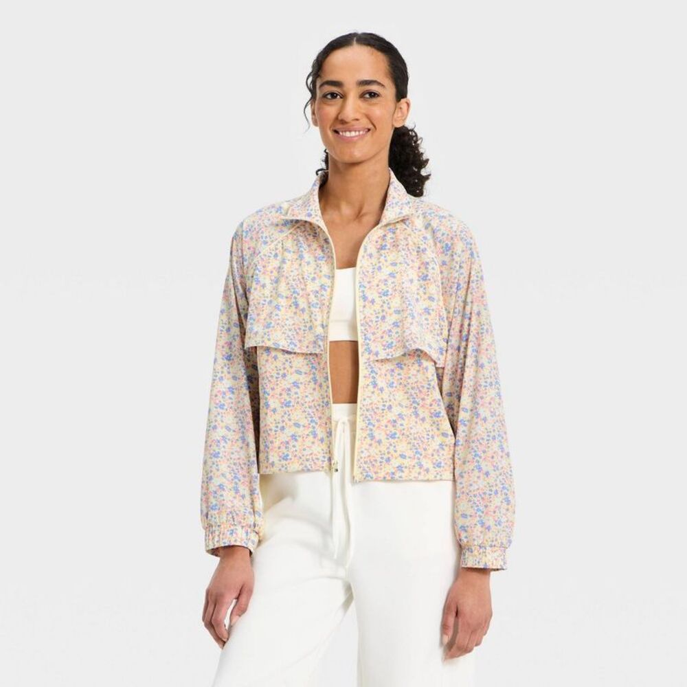 All in motion Yellow Floral Crop Windbreaker Jacket in Pastel Multi